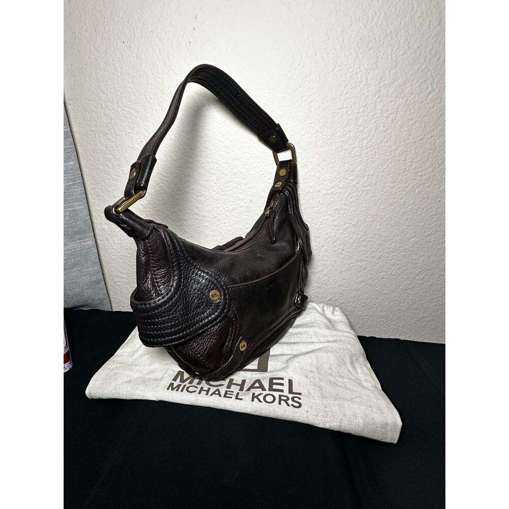 Michael Kors Dark Brown Pebbled Leather Cargo Hobo Bag with Dust Bag
